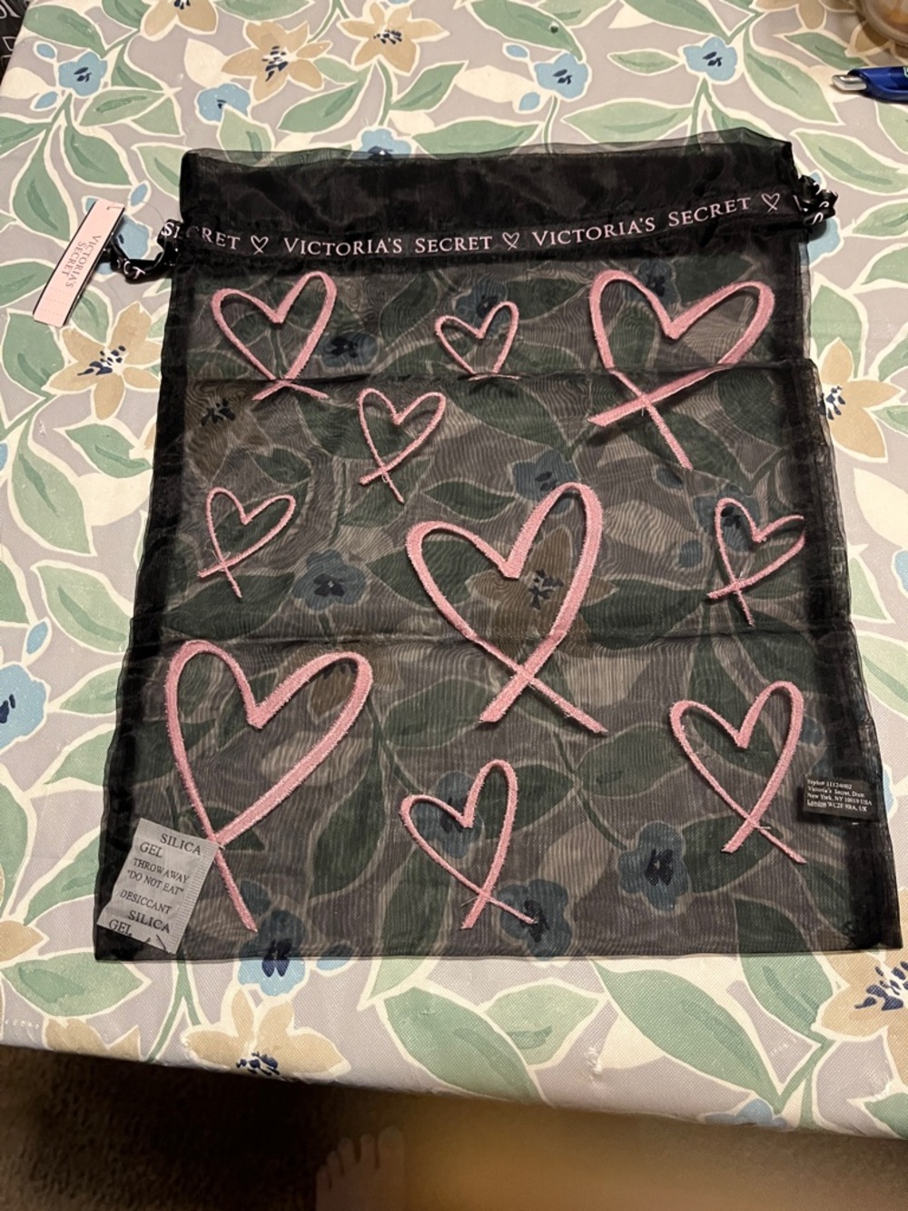 Victoria's Secret Black Mesh Drawstring Bag with Pink Heart Motif